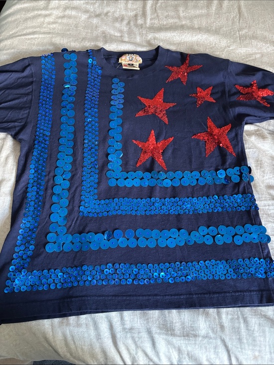 Bis Bis Tops - Vintage Bis Bis Navy Sequin Star T‑Shirt - Blue & Red
